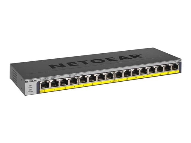 NETGEAR - GS116PP - Switch - unmanaged - 16 x 10/100/1000 (PoE+) - desktop, rack-mountable, wall-mountable - PoE+ (183 W) - DC power