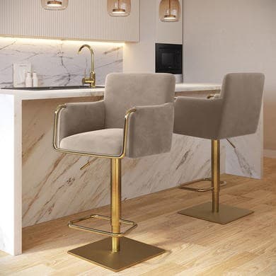 Sonny Mink Velvet Adjustable Swivel Bar Stools with Gold Base