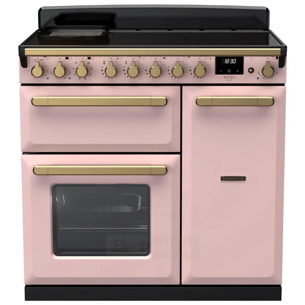 Rangemaster Estel Deluxe 90cm Induction Range Cooker | Pale Pink with Brass Trim