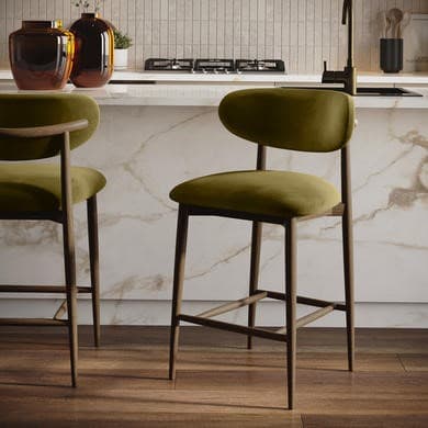 Olive Green and Walnut - Upholstered Curved Kitchen Counter Stools with Wooden Exposed Back - Kori