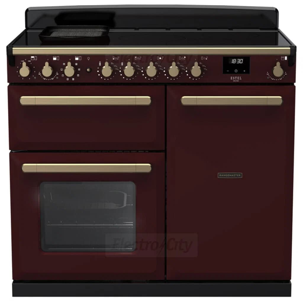 Rangemaster Estel Deluxe 100cm Induction Range Cooker | Bordeaux with Brass Trim