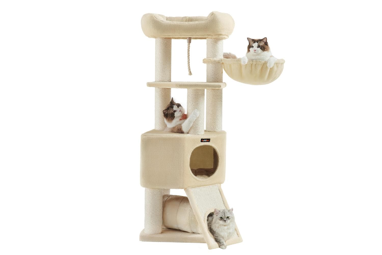 Feandrea Large Cat Tree With Cave Hammock Plush Platform Tunnel Sisal Posts Scratching Board Beige | Cat Tree | Plush Sisal | Large