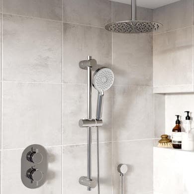 Chrome 2 Outlet Ceiling Mounted Thermostatic Mixer Shower Set with Hand Shower - Flow