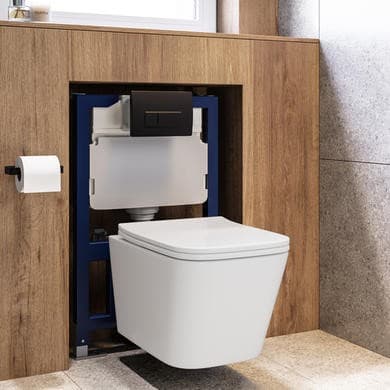 Wall Hung Toilet with Soft Close Seat, Pneumatic Black Flush Plate, 820mm Frame & Cistern - Albi