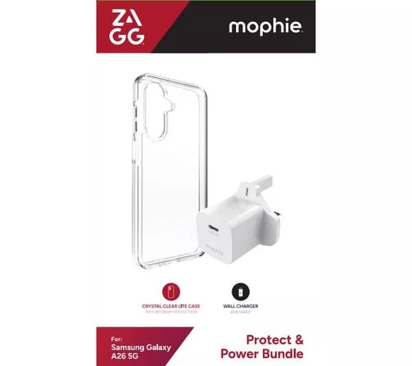 ZAGG Crystal Palace Lite Galaxy A26 Clear Case & Mophie 30 W USB Type-C Wall Charger Bundle