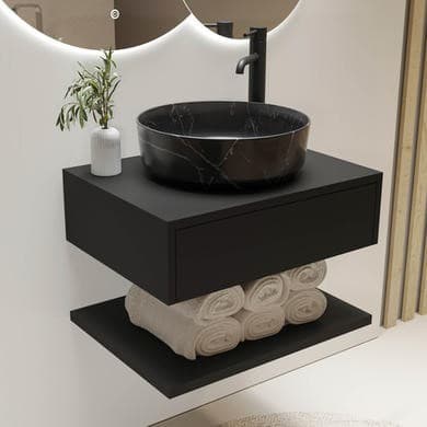 600mm Black Wall Hung Countertop Vanity Unit with Black Marble Effect Basin and Shelf - Lugo