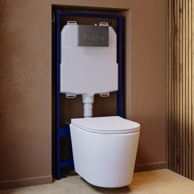 Matt White Wall Hung Rimless Toilet with Soft Close Seat, Chrome Mechanical Flush Plate, 1168mm Frame & Cistern – Verona
