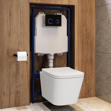 Wall Hung Toilet with Soft Close Seat, Black Glass Sensor Flush Plate, 1168mm Frame & Cistern - Albi