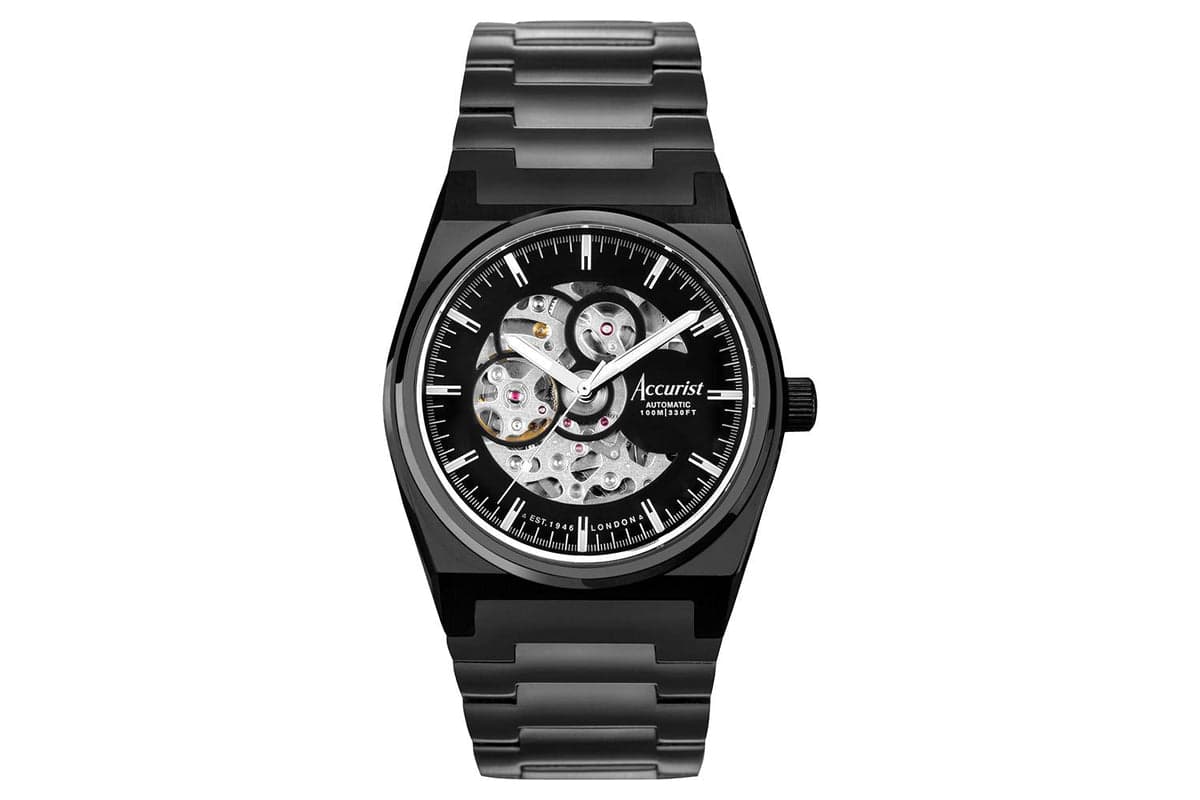 Accurist Origin Automatic Men's Watch | Black Stainless Steel Case & Bracelet With Skeleton Dial | 41mm