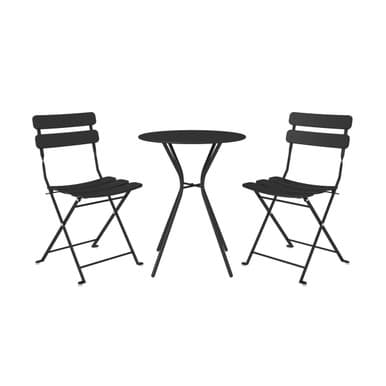 Bistro Set with Metal Fixed Round Table & 2 Folding Chairs-Black | 87623BLK1EUK