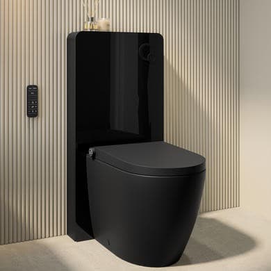 Matt Black Back To Wall Smart Bidet Japanese Toilet With Black Glass Cabinet, Frame, Cistern & Pneumatic Dual Flush Button - Purificare
