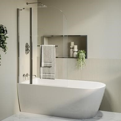 Freestanding Single Ended Left Hand Corner Shower Bath with Chrome Bath Screen with Fixed Panel &  Towel Rail 1650 x 800mm - Amaro