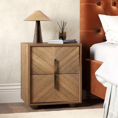 Walnut Mid-Century 2-Drawer Bedside Table with Parquet Finish - Nikita
