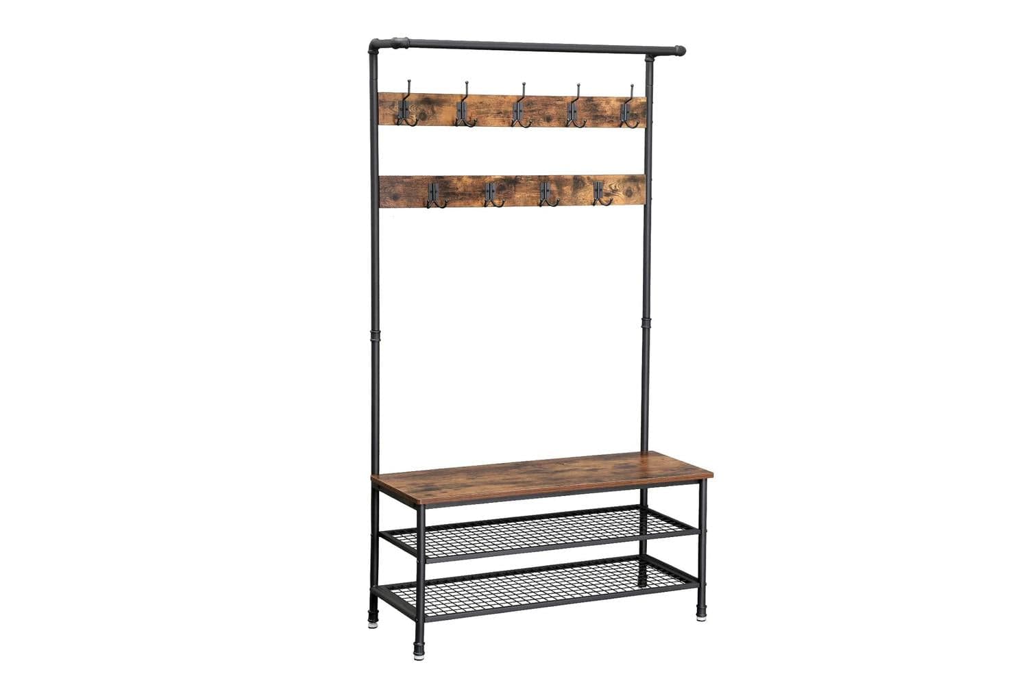 Vasagle Industrial Coat Rack Storage Bench | Rustic Brown