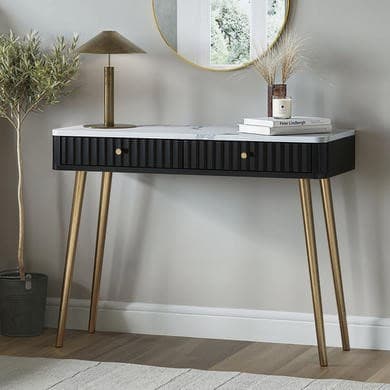 Black Marble Effect Top Fluted Dressing Table with Drawers - Lucia