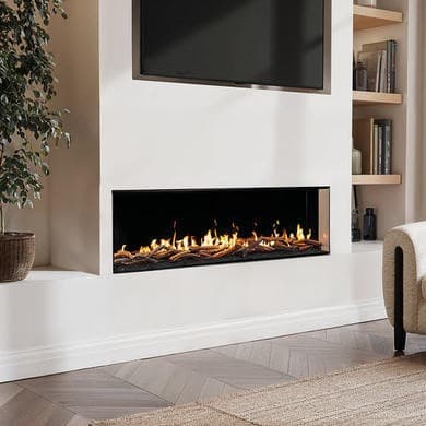 Premium Black 3-Sided Inset Electric Media Wall Fire Place with LCD Flame - 60 Inch - AmberGlo