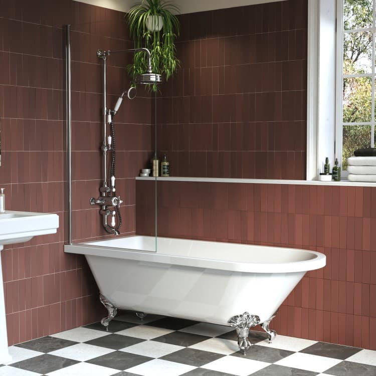 Freestanding Single Ended Shower Bath with Chrome Feet & Bath Screen 1670 x 740mm - Park Royal
