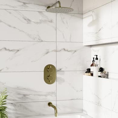 Brushed Brass 2 Outlet Thermostatic Bath Mixer Shower Set With 250mm Wall Mounted Shower Head and Bath Filler Spout - Arissa