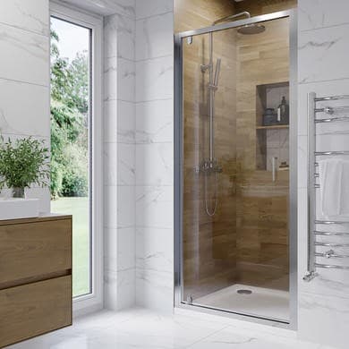 ONLY OPENED - 800mm Chrome Hinged Shower Door 6mm Glass - Carina