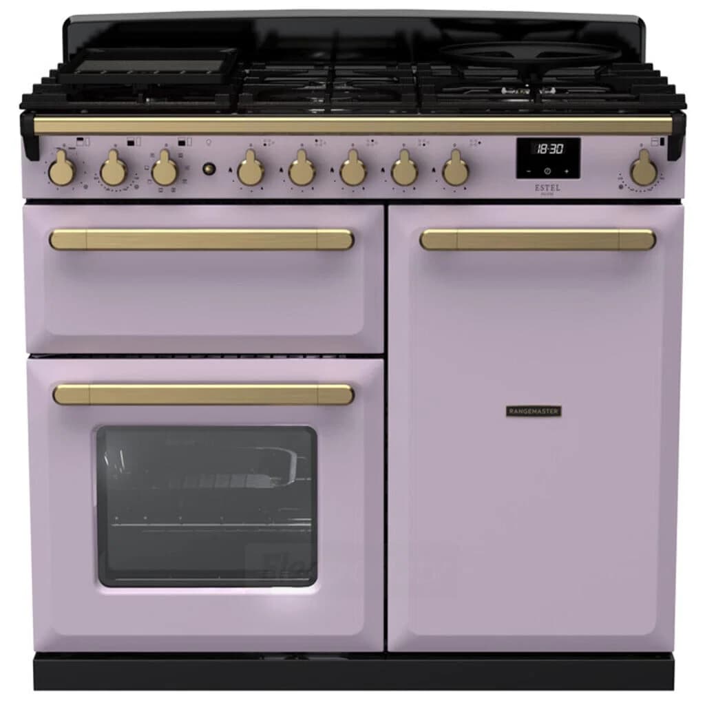 Rangemaster Estel Deluxe 100cm Dual Fuel Range Cooker | Heather with Brass Trim