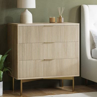 Oak and Gold Ribbed 3 Drawer Chest of Drawers - Valencia