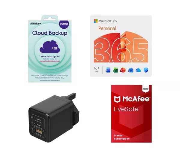 MICROSOFT 365 Personal (12 months (automatic renewal), 1 user),  Cloud Backup (4 TB, 1 year), LiveSafe with Scam Detector (1 year (automatic renewal), unlimited devices & L100GANC25C 100 W USB-C GaN Laptop Charger Bundle
