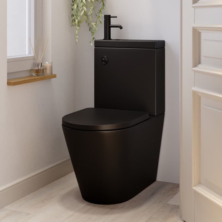 Matt Black Close Coupled Closed Back Toilet with Black Fittings & Sink on Top - Legend