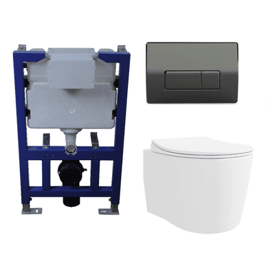 Wall Hung Toilet with Soft Close Toilet Seat, Gunmetal Pneumatic Flush Plate, 820mm Frame & Cistern - Alcor