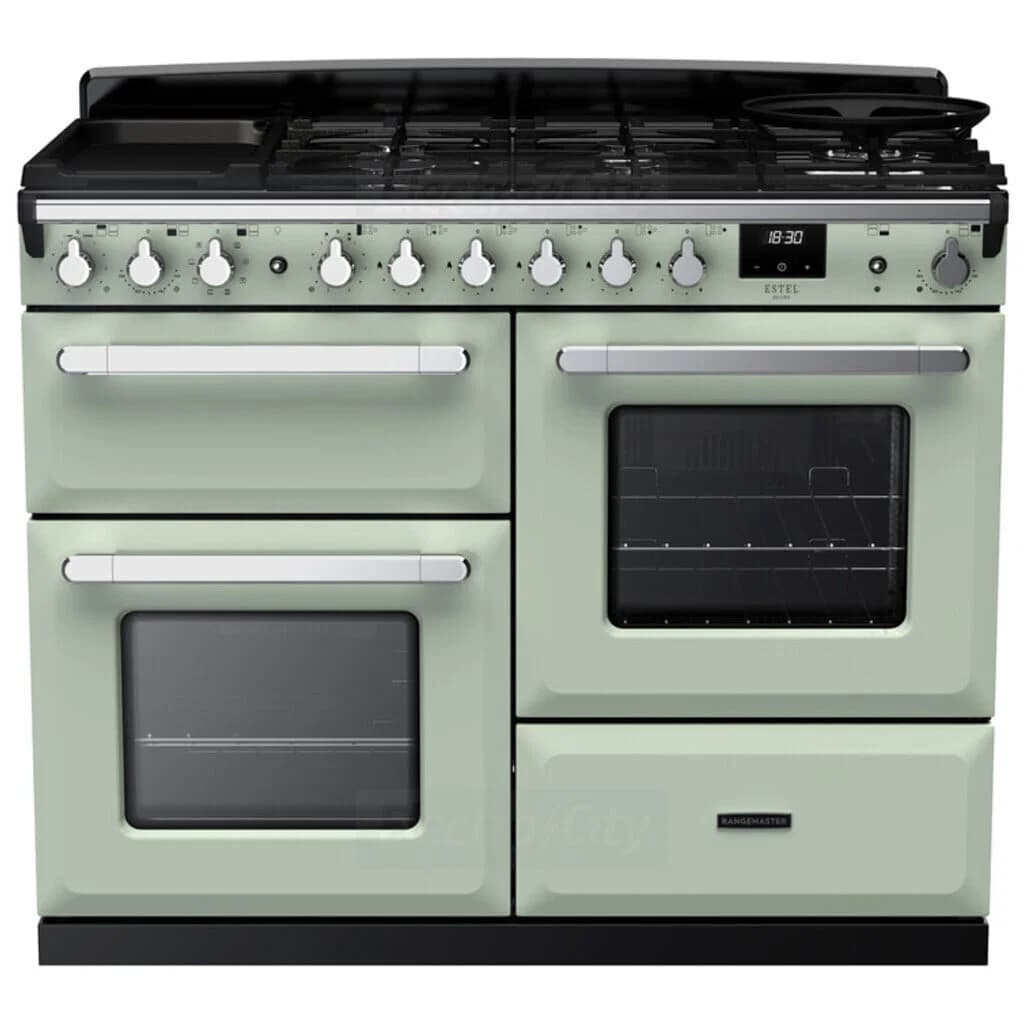 Rangemaster Estel Deluxe 110cm Dual Fuel Range Cooker | Mint with Chrome Trim