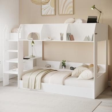 White Bunk Bed with Storage Shelves - Freddie