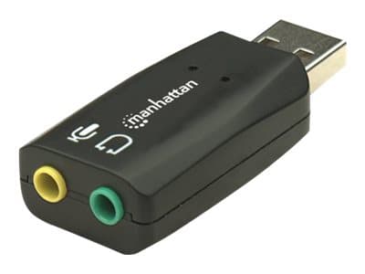 Manhattan USB-A Sound Adapter, USB-A to 3.5mm Mic-in and Audio-Out ports, 480 Mbps (USB 2.0), supports 3D and virtual 5.1 surround sound, Hi-Speed USB