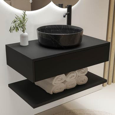 800mm Black Wall Hung Countertop Vanity Unit with Black Marble Effect Basin and Shelf - Lugo