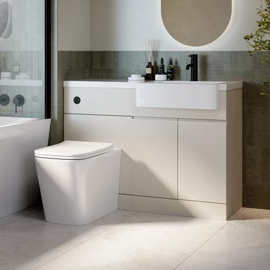 1100mm Beige Right Hand Toilet and Sink Unit with Square Toilet and Black Fittings - Bali