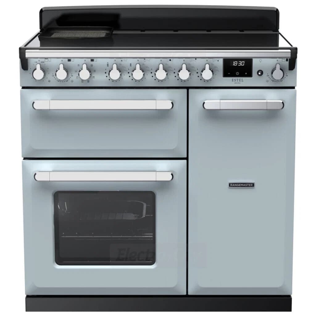 Rangemaster Estel Deluxe 90cm Induction Range Cooker | Misty Blue with Chrome Trim