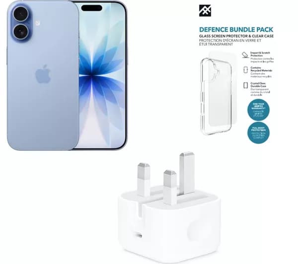 APPLE iPhone 17 (256 GB, Mist Blue), 20 W USB Type-C Power Adapter, Defence Clear Case & Screen Protector Bundle