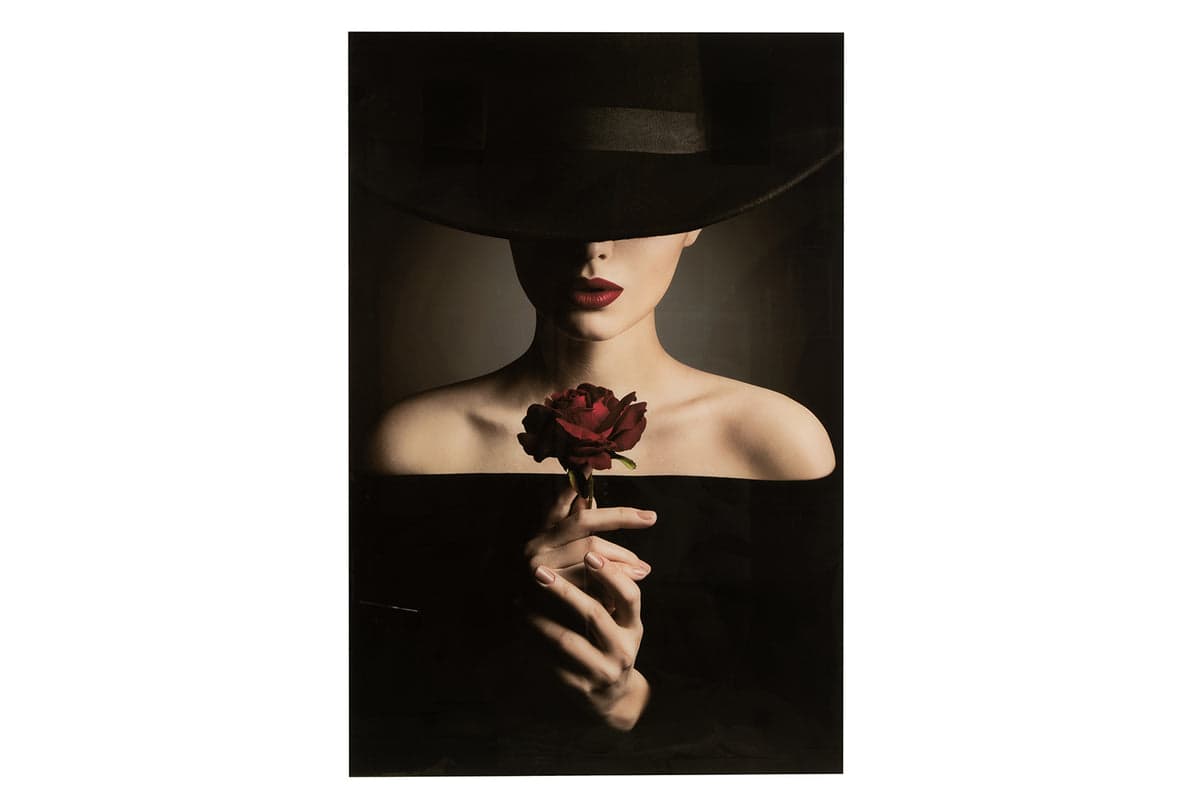 Woman Holding a Red Rose Glass Wall Art | Black | 150 x 100 cm