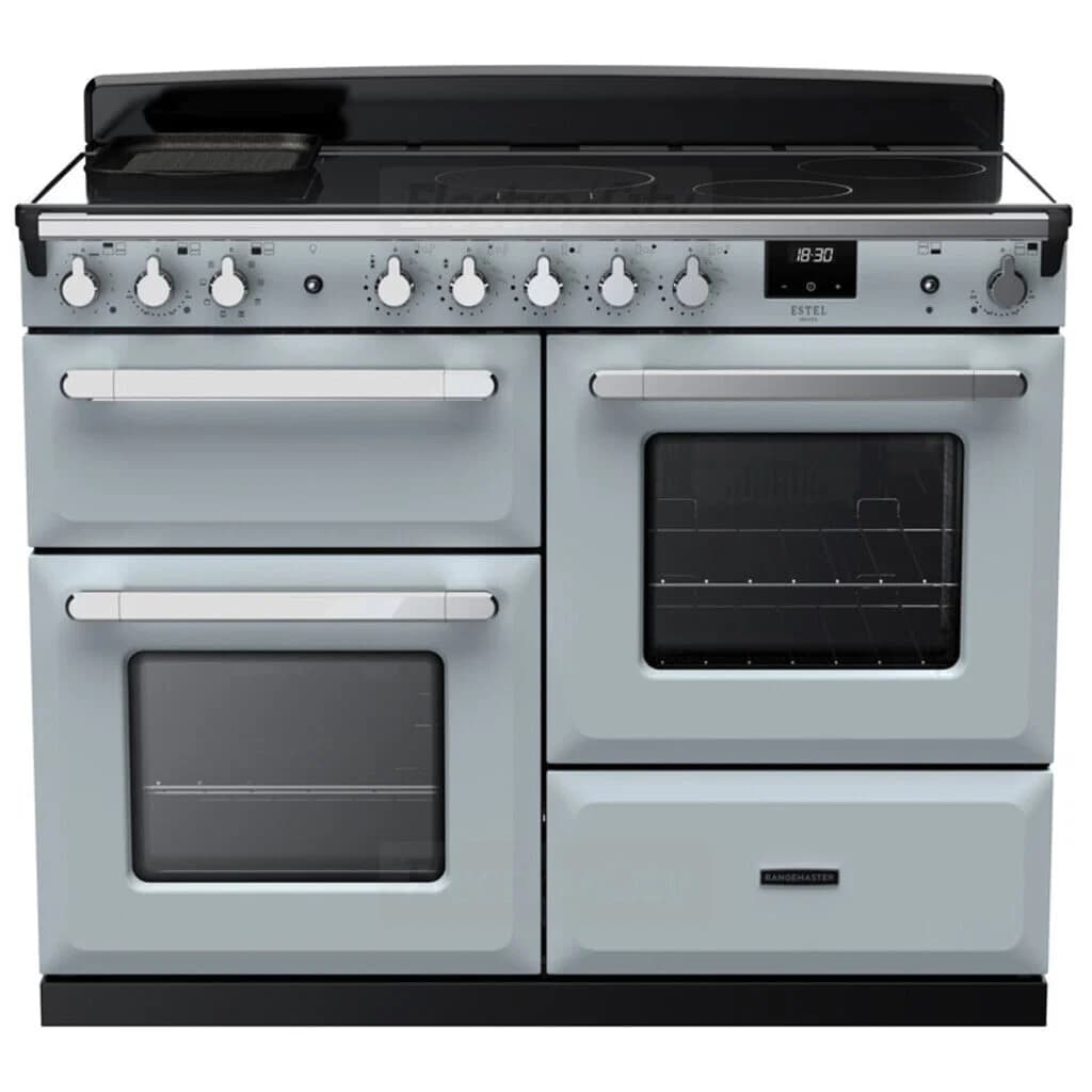 Rangemaster Estel Deluxe 110cm Induction Range Cooker | Misty Blue with Chrome Trim