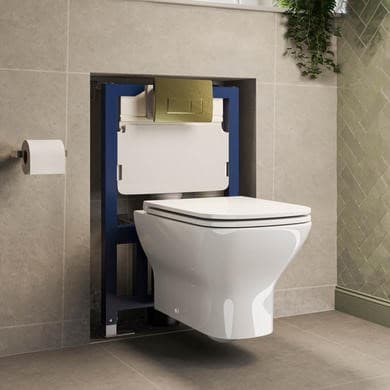 Wall Hung Rimless Toilet with Soft Close Seat, Brushed Brass Pneumatic Flush Plate, 820mm Frame & Cistern – Palma