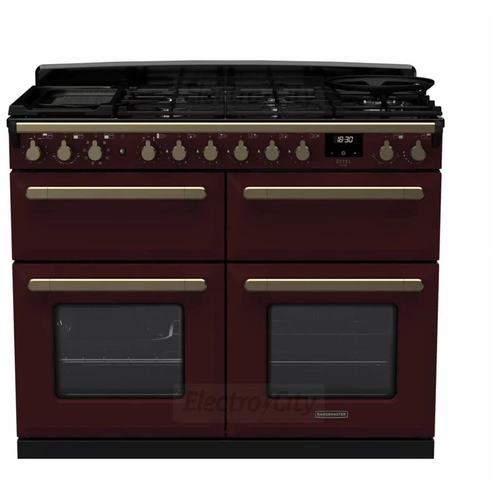 Rangemaster Estel Deluxe 110cm Dual Fuel Range Cooker with Slow Cook Oven | Bordeaux with Brass Trim