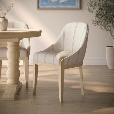 Beige and Blue Striped Upholstered Dining Chair with Solid Wood Legs - Madeline