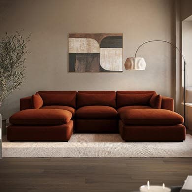 Burnt Orange Velvet 5 Seater U-Shape Sofa - Hudson