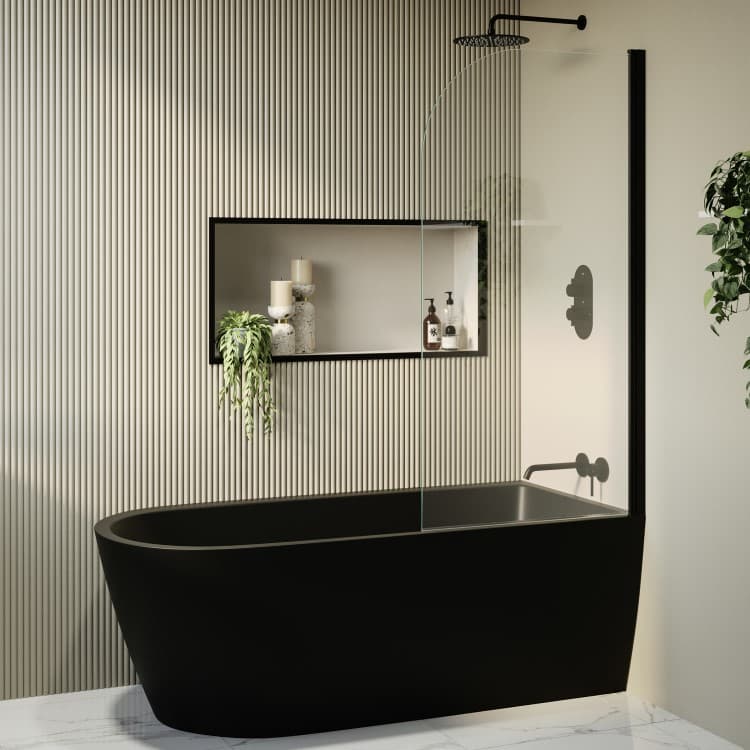 Matt Black Freestanding Shower Bath Single Ended Right Hand Corner with Black Bath Screen 1650 x 800mm - Amaro
