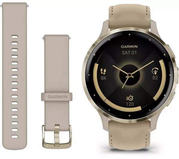 GARMIN Venu 3S - Soft Gold with French Grey Leather Band & French Grey Silicone Band