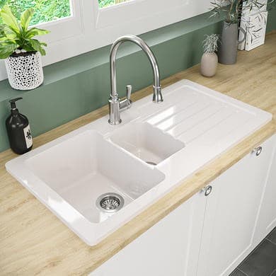 1.5 Bowl Inset White Ceramic Kitchen Sink with Reversible Drainer - Taylor & Moore Alexandra