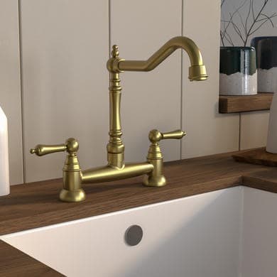 Brushed Brass Dual Lever Traditional Kitchen Mixer Tap - Enza Evelyn