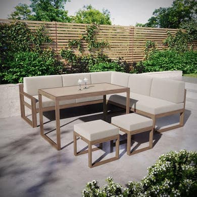 7 Seater Beige Garden Corner Sofa Set with Cushioned Stools & Matching Table