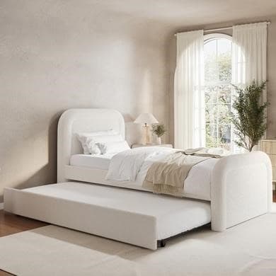 Cream Boucle Single Guest Bed with Trundle and Curved Headboard - Naomi