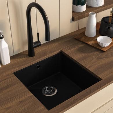 Single Bowl Black Undermount Composite Kitchen Sink With Black Pull Out Kitchen Mixer Tap Set - Enza