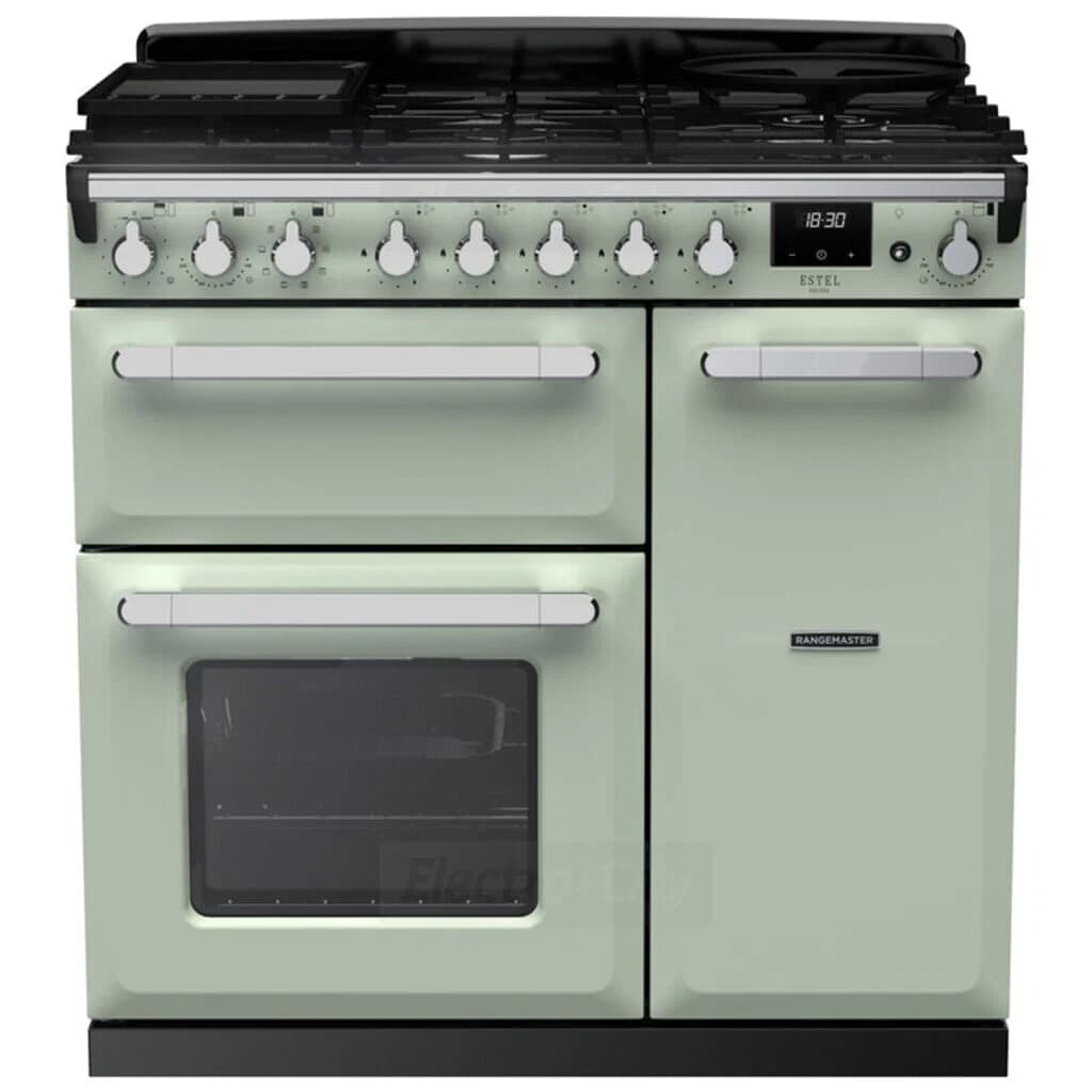 Rangemaster Estel Deluxe 90cm Dual Fuel Range Cooker | Mint with Chrome Trim
