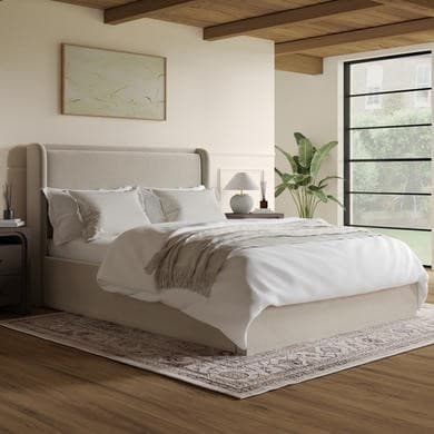 Beige - Velvet  End-Lift Ottoman Storage Bed with Cushioned Headboard - Frida